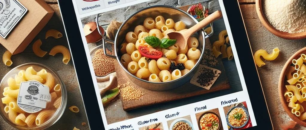 Various macaroni pasta shapes on rustic wooden background with diverse packaging options