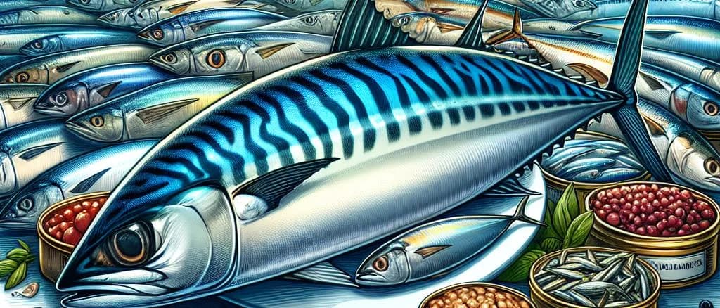 Variety of packaged mackerel products with ocean background