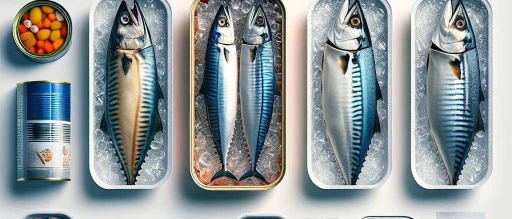 variety of canned mackerel products on wooden table