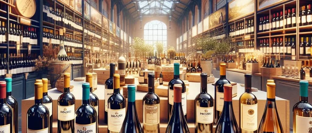 Diverse Maconnais wines with varied labels, displayed against a vineyard backdrop