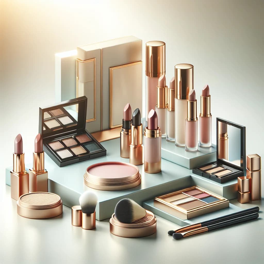 assorted makeup cosmetics in premium packaging with various product variations on a clean, minimalistic background