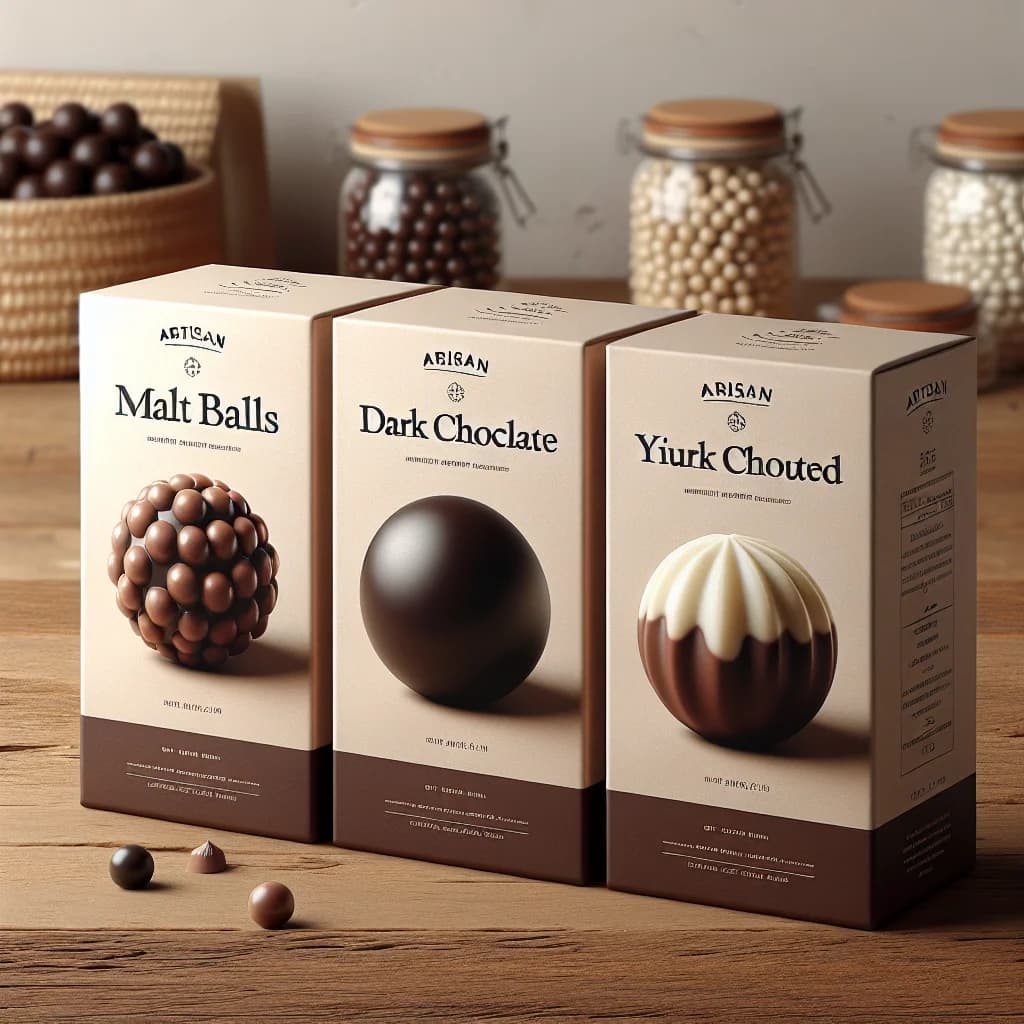 assorted malt balls with different coatings on a wooden background and elegant packaging