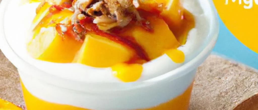 Various mango yogurt containers showcasing different flavors and packaging designs.