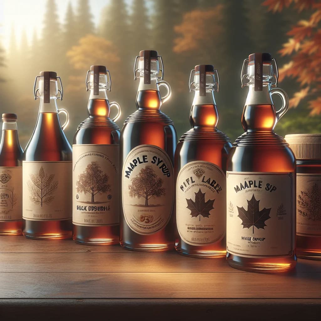 assorted maple syrup bottles in different sizes and packaging on a wooden tabletop with a natural forest background