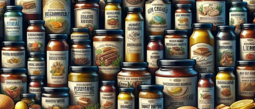 variety of marinade bottles with different packaging on a wooden background