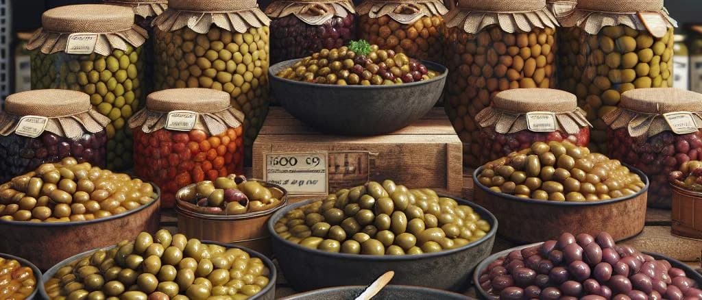 assorted marinated olives in jars with different seasoning variations