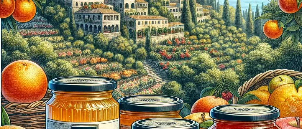 Assorted premium marmelade jars on a wooden table with variations in citrus, berry, and tropical flavors