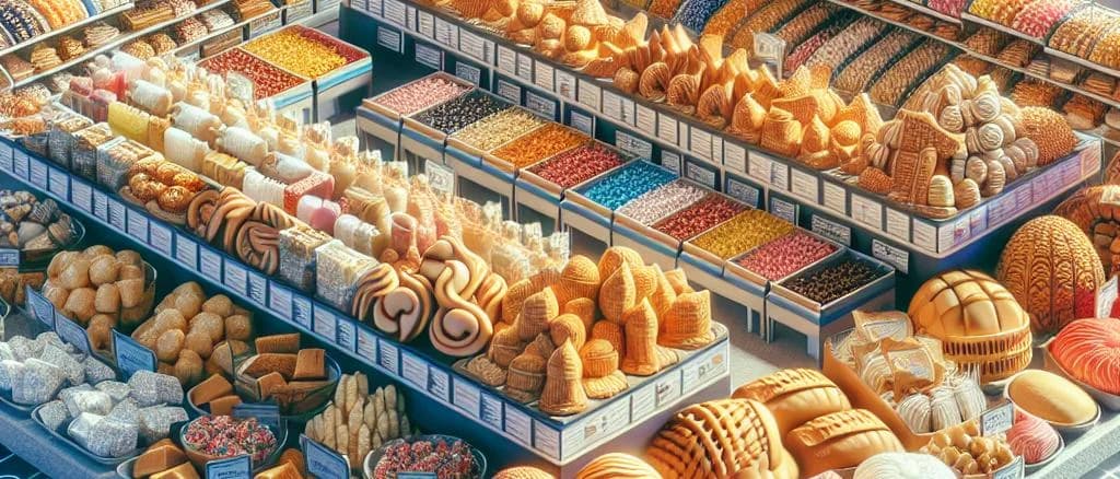 Assorted marzipan products showcasing variations in texture and color, set against a backdrop of elegantly arranged ingredients like almonds and sugar, highlighting premium packaging with diverse shapes and sizes.