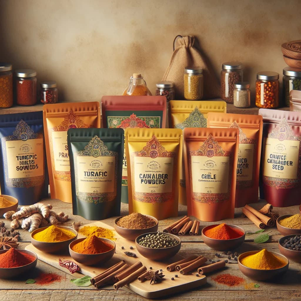 assorted masala powders in vibrant packaging on a rustic kitchen countertop with natural herbs and spices