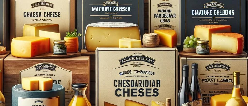 Various blocks of mature cheddar cheese on wooden board with rustic background