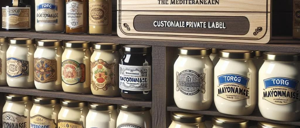 Assortment of mayonnaise jars with diverse packaging on a kitchen counter