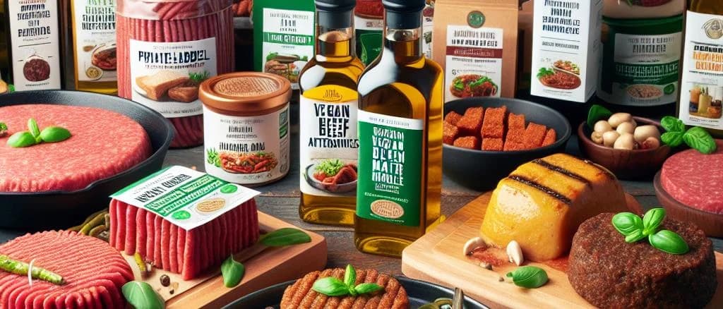 various meat analogue products on a wooden table background