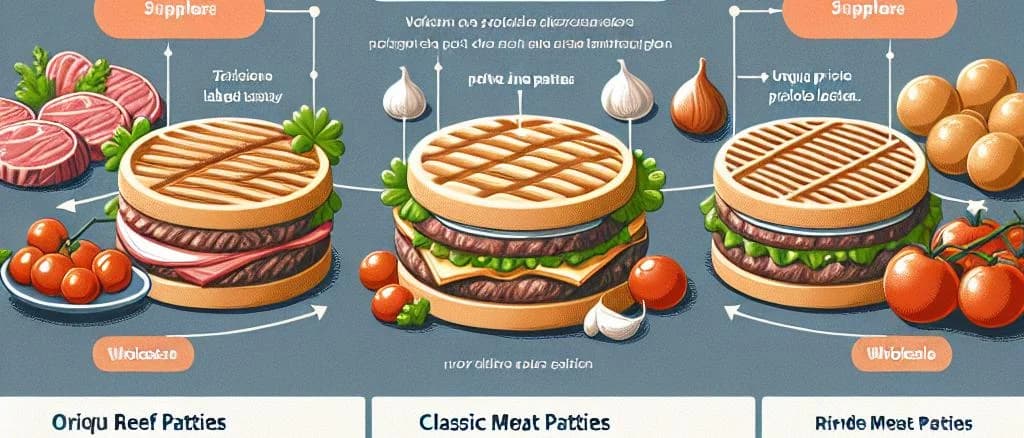 Alaskan beef and organic chicken meat patties on rustic wooden board with diverse packaging options