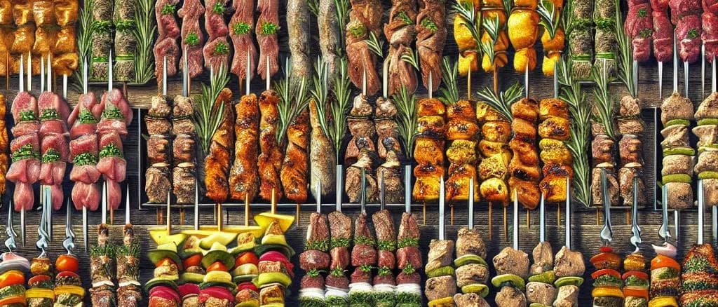 assorted grilled meat skewers on wooden platters
