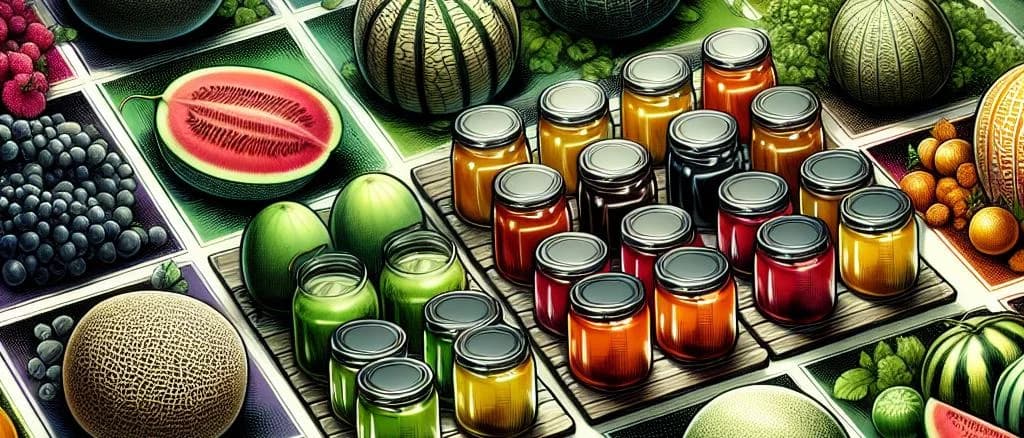 Variety of melon jams in different packaging on a wooden table
