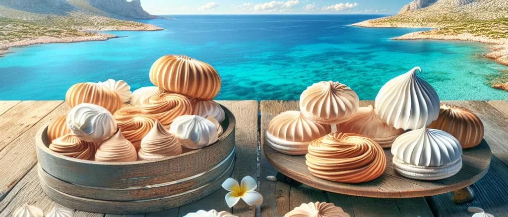 assortment of colorful meringues on decorative plates, showcasing various flavors