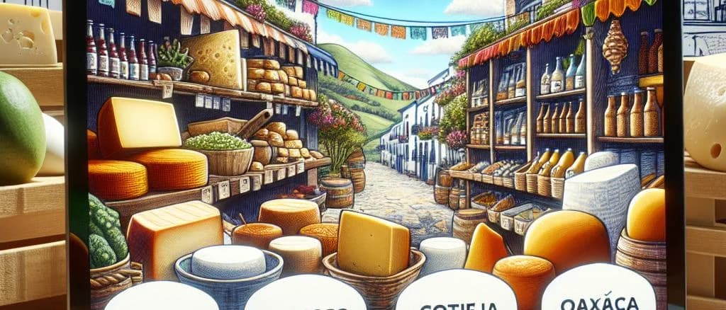 Varieties of Mexican cheeses with traditional packaging on wooden background