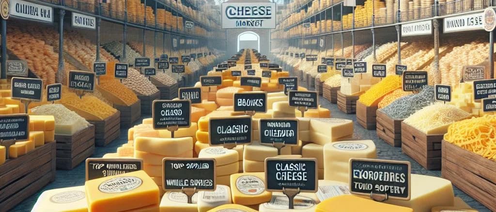 Assorted variations of mild cheddar cheese on wooden boards, showcasing different packaging options and backgrounds.