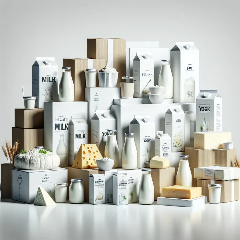 assorted milk and dairy products in sustainable packaging on a clean white background