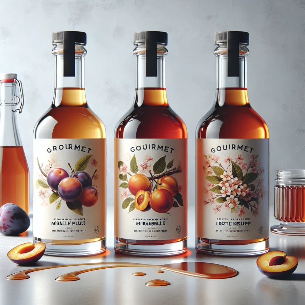 variety of Mirabelle Syrups bottles in elegant packaging with natural fruit themes