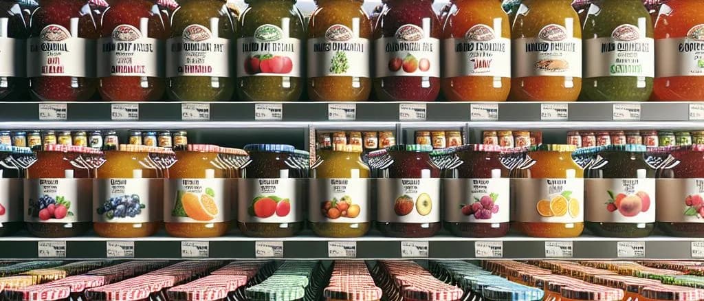 mixed fruit jams in assorted glass jars on white background