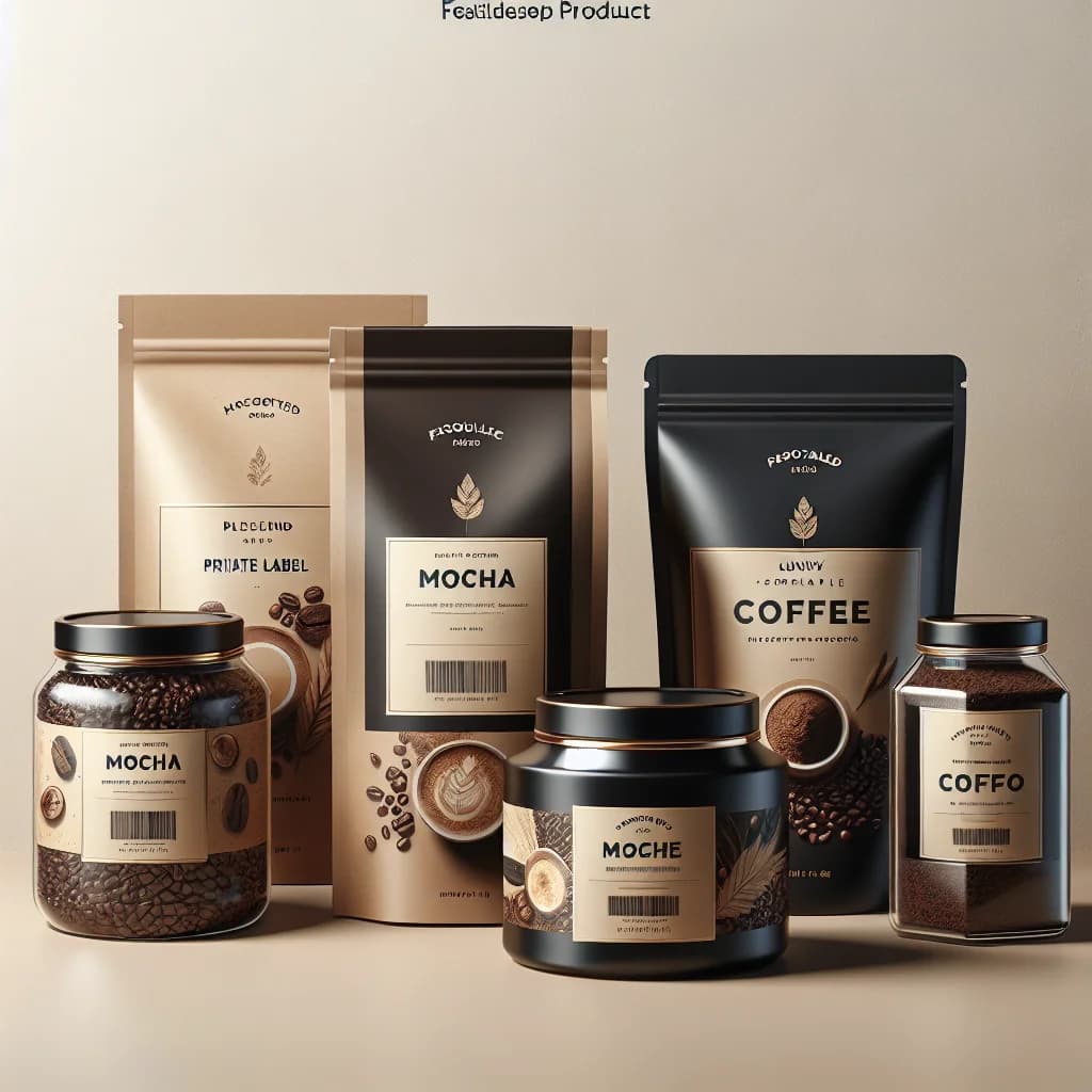 premium mocha coffee variations in elegant packaging on a clean background