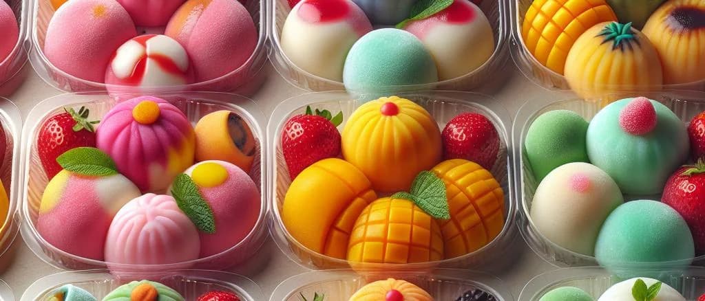 Assorted mochi ice cream flavors on marble background