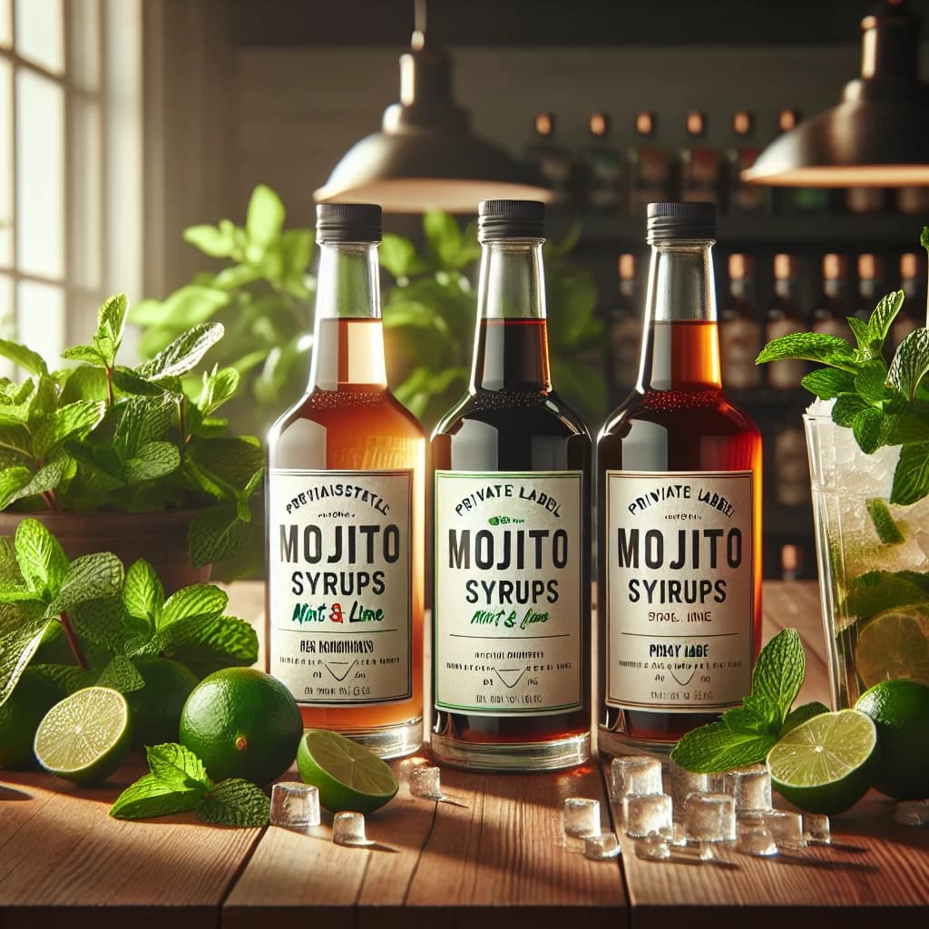 variety of mojito syrups in sleek bottles with mint and lime accents on a wooden countertop