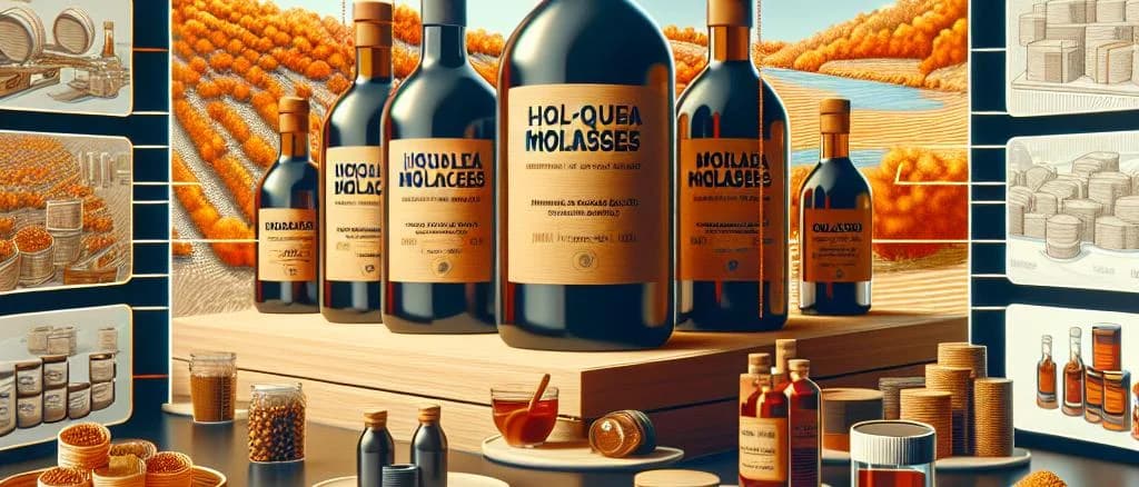 variety of molasses packaging and variations displayed on a rustic wooden surface