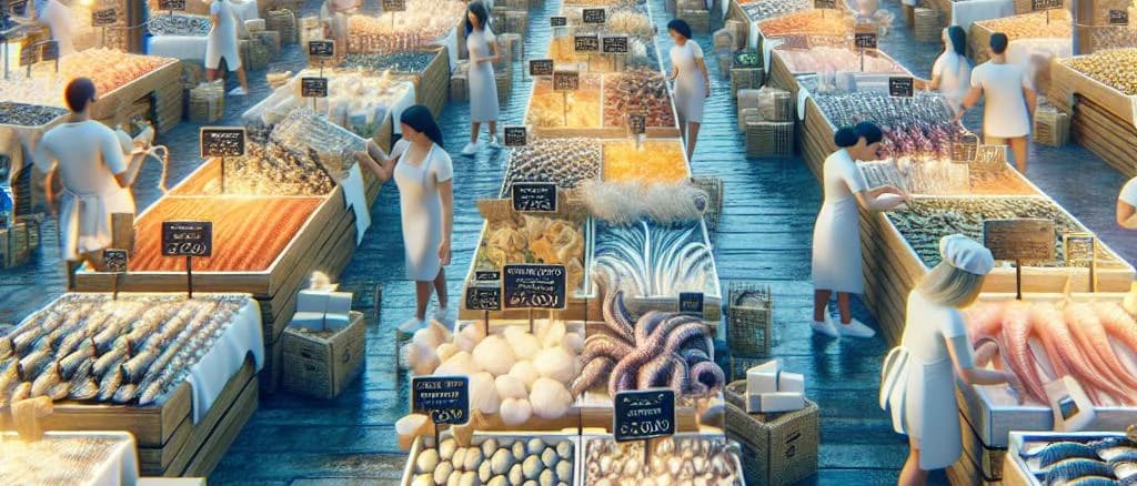 Assorted mollusc varieties displaying different shell shapes and colors, set against a minimalistic ocean-inspired background