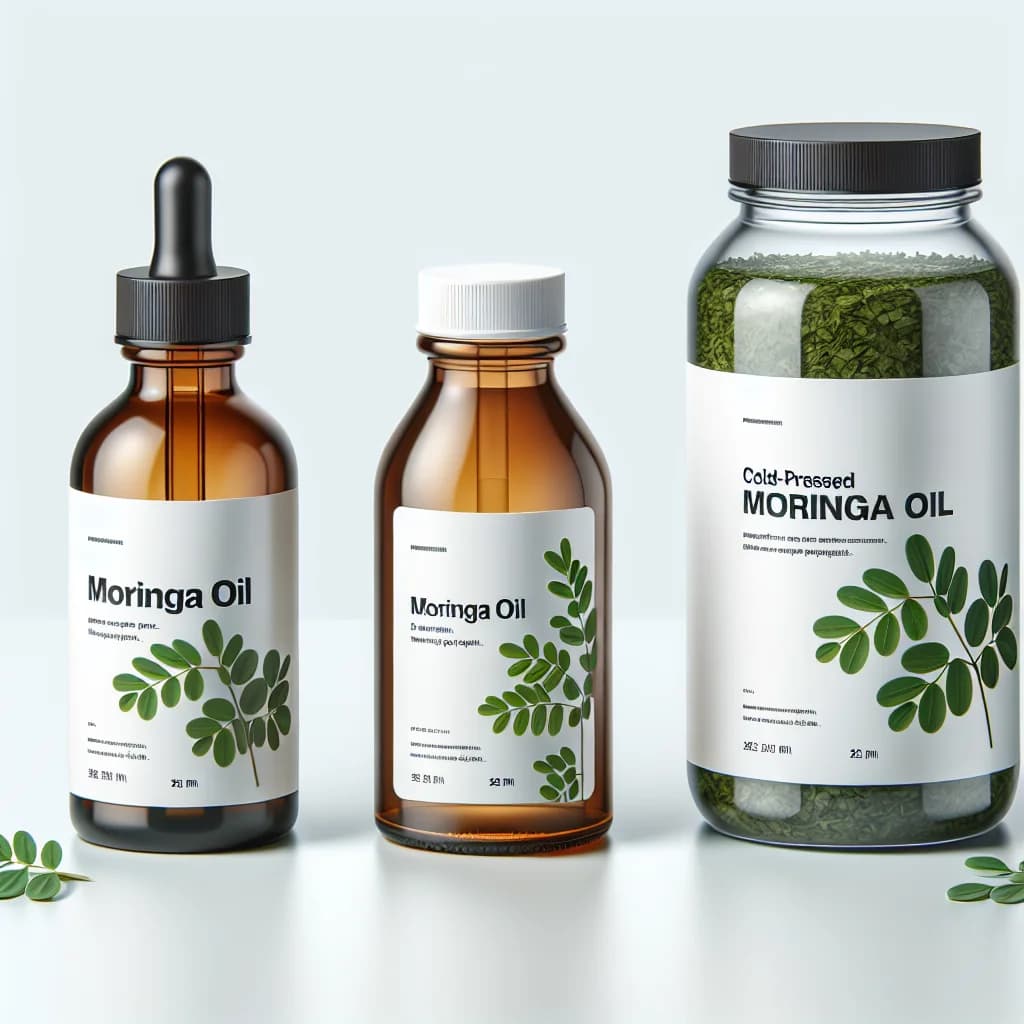 moringa oil bottles in varied packaging on a neutral background