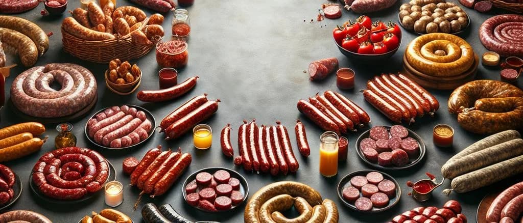 Variety of Morteau Sausages with rustic wooden background
