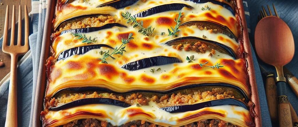 assorted moussaka dishes against Mediterranean-themed backgrounds