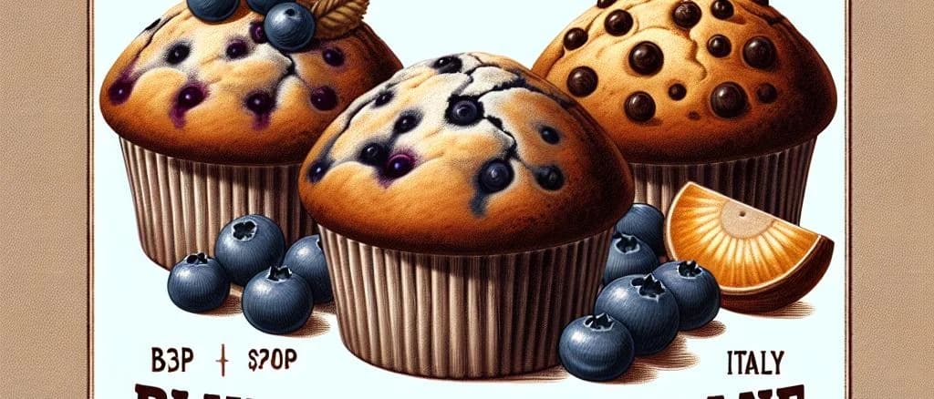 Variety of muffins displayed on wooden trays with colorful packaging