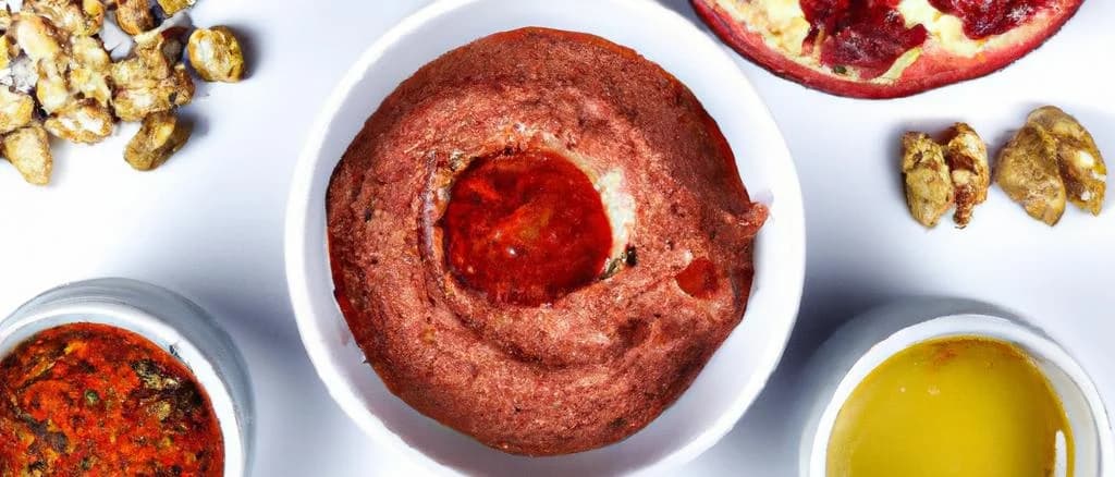 Three variations of Muhammara dip with distinct packaging on a wooden background