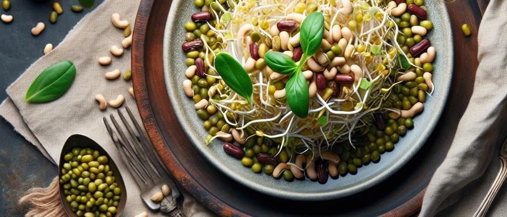 Varieties of mung beans displayed in eco-friendly packaging on a wooden background