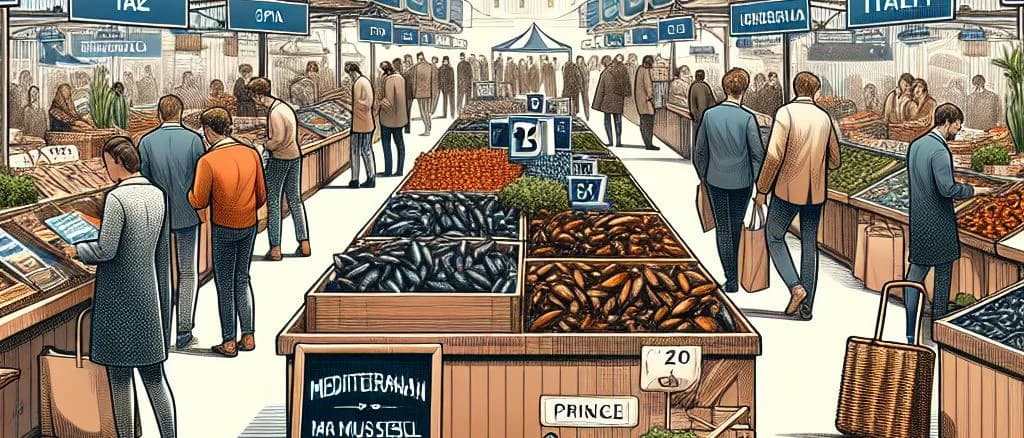 assortment of mussels in various packaging with ocean-themed background