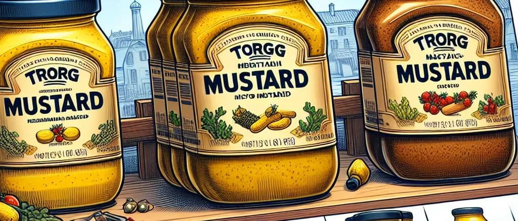 Selection of mustard jars and bottles with different flavors displayed on a rustic wooden background