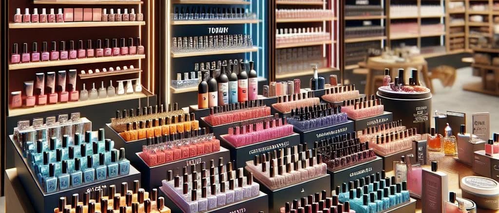 variety of nail care products including polish, remover, and tools on a neutral background