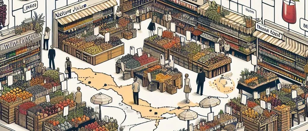 variety of natural juice bottles on a wooden table, with fruits in the background