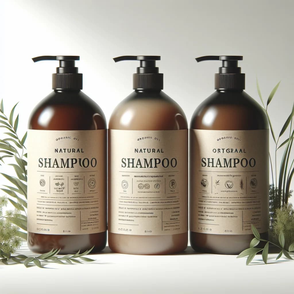 assorted natural shampoo bottles with eco-friendly packaging on a clean, minimalistic background