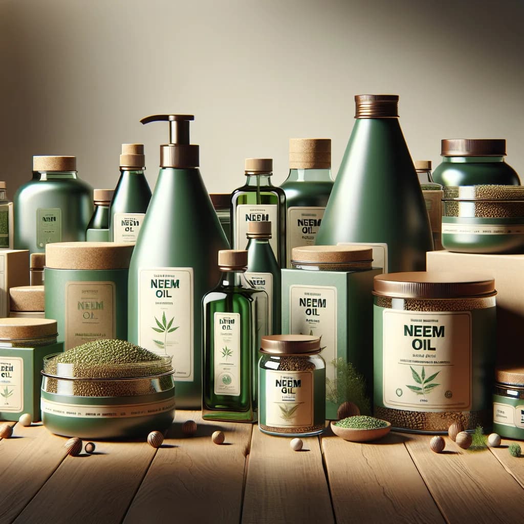 premium neem oil bottles with eco-friendly packaging on a wooden background