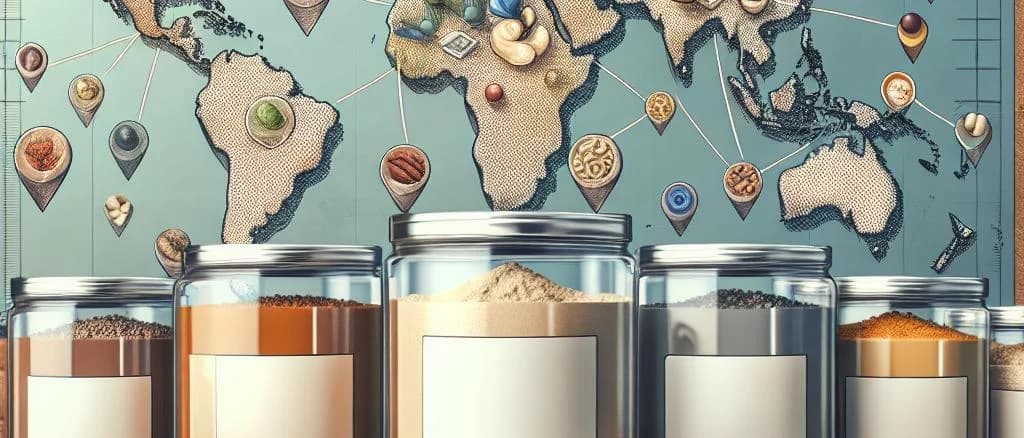 Various nut flours with distinctive packaging on a wooden background