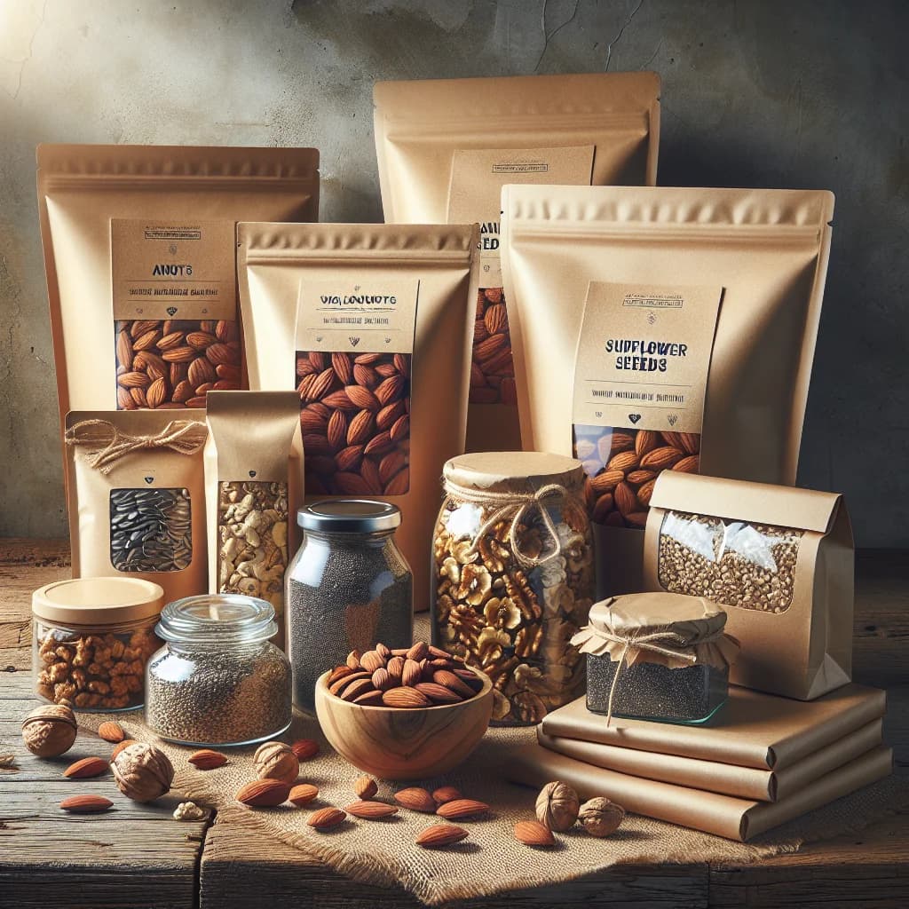 assorted premium nuts and seeds in eco-friendly packaging on a wooden countertop