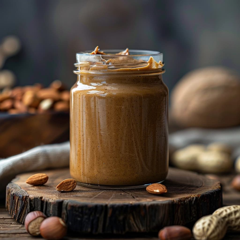 Various nut butter jars on a wooden table with assorted nuts scattered around, showcasing different textures and packaging specialties.