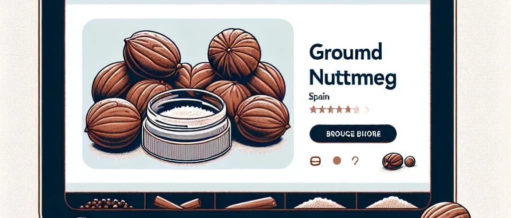 Three variations of nutmeg on a wooden table with different packaging