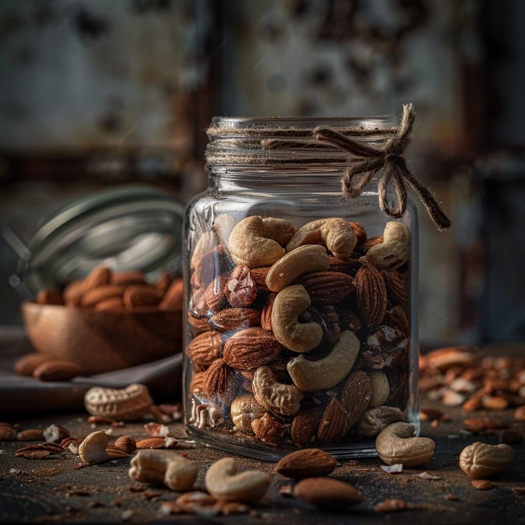 Assorted premium nuts in various packaging on a wooden table