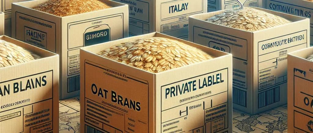 Various oat bran products with diverse packaging on wooden background
