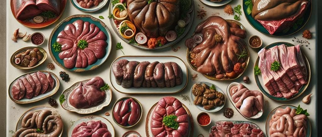various offal products displayed on a rustic wooden table
