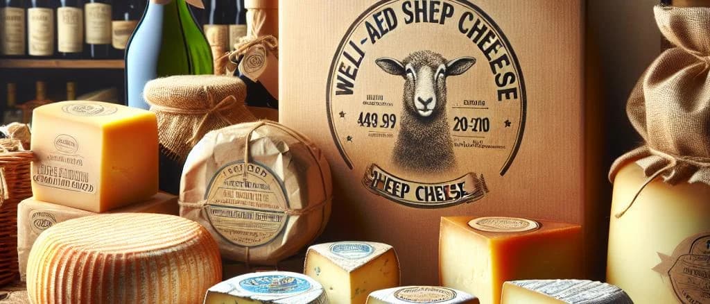 Assorted varieties of Old Sheep Cheese with rustic background and packaging